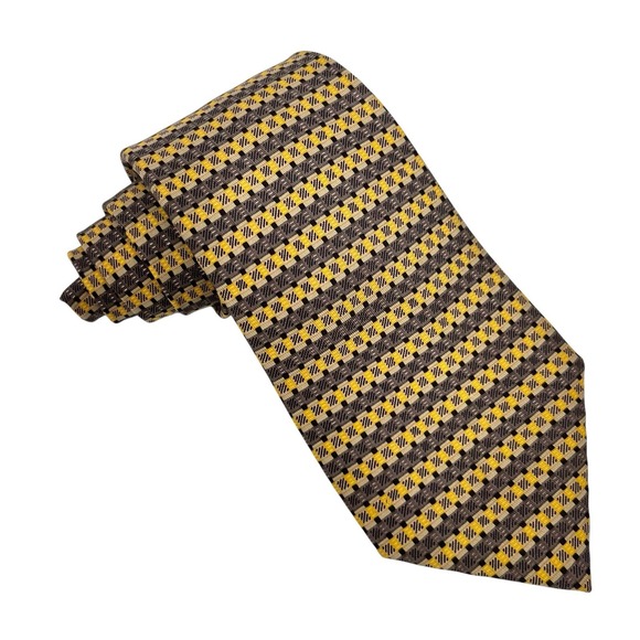 Hermes Men's Tie Geometric Plaid Brown/Gold Silk 816 EA 3.5" (W) x 58.5" (L) euc - Picture 4 of 9